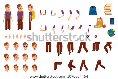 Student boy with backpack creation kit with school supplies and various body parts, face emotions and hand gestures - isolated flat vector illustration of male kid caucasian character.