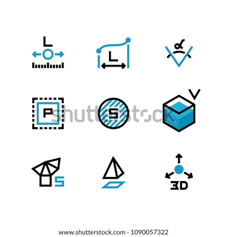 Square area, size, surface areas, 3d dimension, angle and perimeter measuring vector icons isolate. Illustration of symbol acreage, , measurement icon Royalty-Free Stock Photo #1090057322