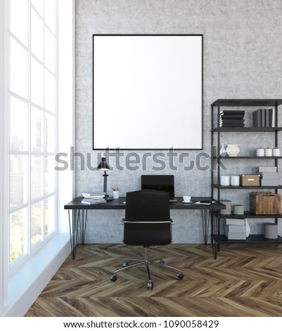 Classic home office interior with large windows, a wooden floor and a table with computer next to a bookcase. A framed poster. Concept of freelance work. 3d rendering mock up