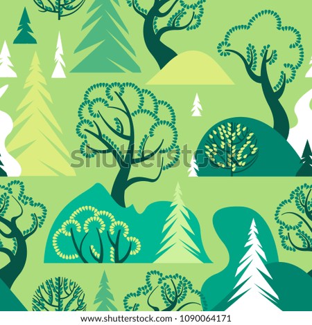 World Environment Day. Earth Day. Day of the forest. Ecological background. A seamless pattern with deciduous and coniferous trees, hills and bushes. Vector illustration.