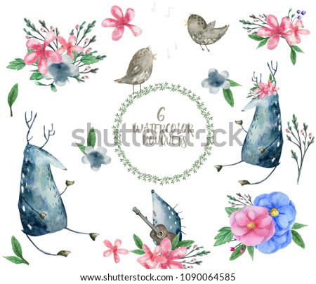 Deer watercolor bounquet design flowers bounquet set bird spring Forest animals character frame drawing illustration geometric color art for birthday party print celebration data on white background
