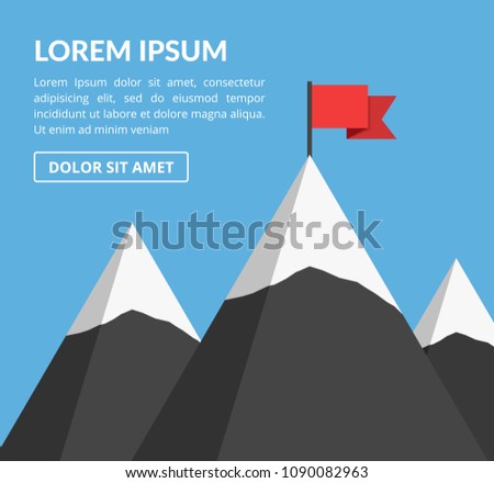 Mountains with red flag on background of blue sky, success or mission concept, vector eps10 illustration