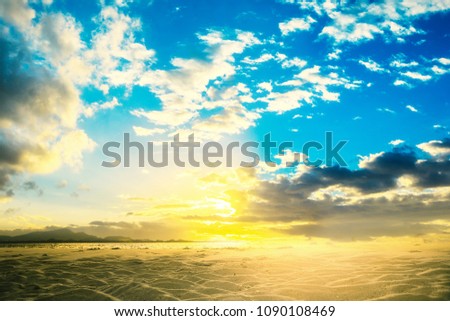 Summer sunset Cloudy background. Puffy Cloud move by windy on beach concept Felling good-tempered relaxing wallpaper, sunrise journey to travel in tropical fog shiny mist style. calendar 2018 decor 
