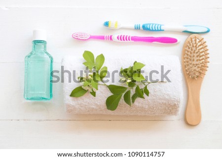 morning  with clean in oral cavity and teeth toothbrush mouthwash for healthy teeth on white