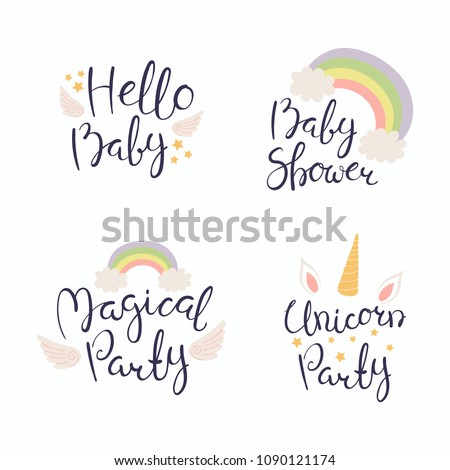 Set of hand written baby shower lettering quotes, with hearts, stars, angel wings and rainbow. Isolated objects on white background. Vector illustration. Design concept for invitation, greeting card.