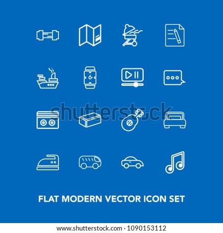 Modern, simple vector icon set on blue background with move, travel, taxi, direction, fitness, map, note, paper, bedroom, transport, material, vehicle, iron, exercise, left, workout, ironing icons