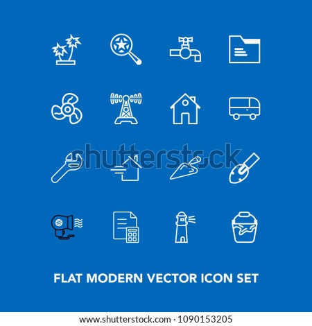 Modern, simple vector icon set on blue background with water, house, faucet, business, home, sea, repair, tap, wrench, folder, file, bucket, palm, paper, tree, money, construction, banking, hair icons