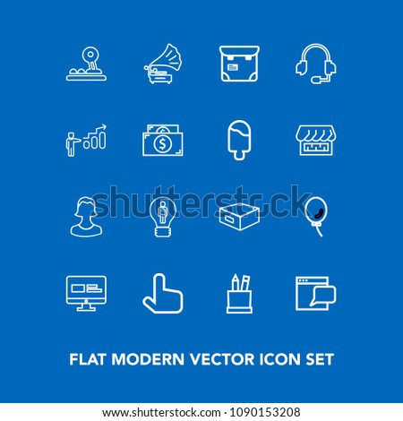 Modern, simple vector icon set on blue background with progress, pointer, music, air, stationery, business, celebration, web, box, button, pretty, internet, people, equipment, holiday, vintage icons