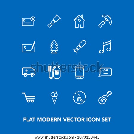 Modern, simple vector icon set on blue background with money, circle, cream, car, balance, equipment, guitar, house, musical, astronomy, bank, frame, night, sky, card, face, retail, cell, smile icons