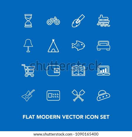 Modern, simple vector icon set on blue background with oar, music, literature, clock, ufo, technology, hour, bike, finance, canoe, graphic, white, cash, laptop, safety, ship, musical, space icons