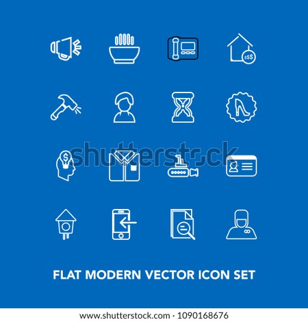 Modern, simple vector icon set on blue background with service, sound, shirt, dinner, hot, mobile, sea, wooden, voice, marine, boat, house, office, identification, concept, hospitality, business icons