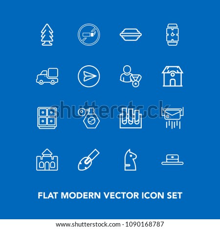 Modern, simple vector icon set on blue background with equipment, cigarette, medical, hat, head, shovel, environment, construction, bank, tree, bottle, mail, medieval, forest, tower, safe, game icons
