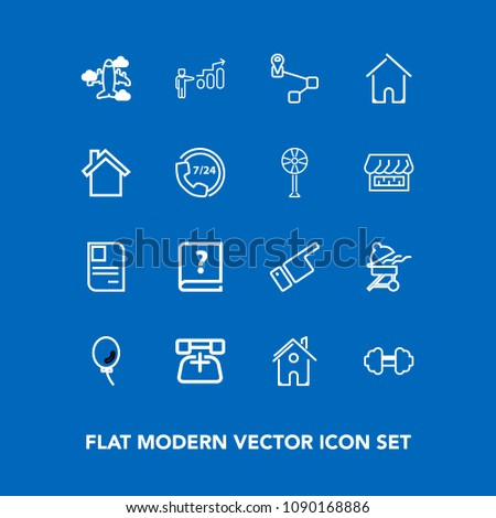 Modern, simple vector icon set on blue background with people, house, book, home, workout, old, telephone, personal, travel, development, identity, balloon, building, grill, direction, barbecue icons
