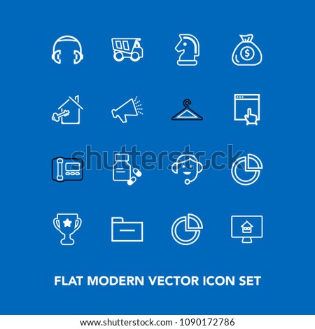 Modern, simple vector icon set on blue background with office, property, chart, pie, financial, tipper, headset, house, technology, dump, headphone, finance, sound, vehicle, stationary, pharmacy icons