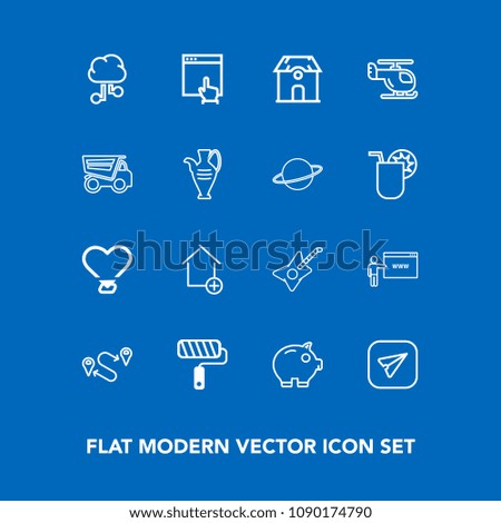 Modern, simple vector icon set on blue background with air, apartment, point, estate, network, white, music, tool, communication, heart, roller, cloud, truck, mouse, paint, architecture, sky, go icons