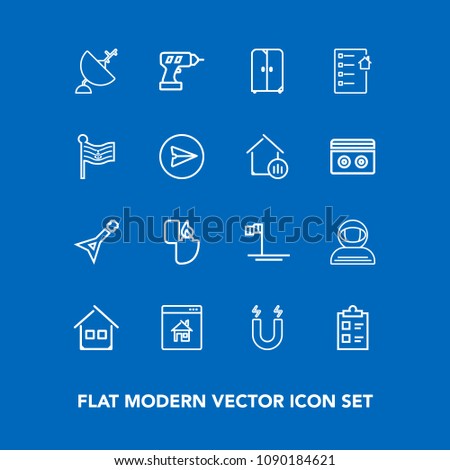 Modern, simple vector icon set on blue background with drill, hand, mark, spacesuit, antenna, building, technology, satellite, real, music, machine, field, flame, guitar, baja, cigarette, white icons