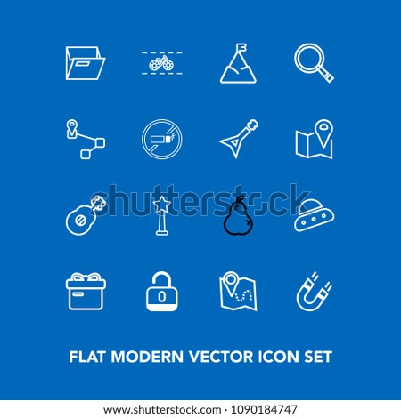 Modern, simple vector icon set on blue background with fruit, fresh, security, spaceship, ribbon, magnetic, unlock, holiday, technology, folder, pin, bike, travel, lock, white, science, bicycle icons