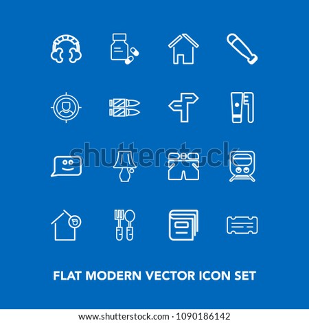 Modern, simple vector icon set on blue background with coupon, vitamin, restaurant, owner, transport, architecture, entertainment, fork, house, fashion, audio, bulb, lamp, sound, headset, light icons