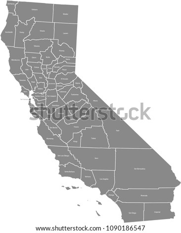 California county map vector outline in gray background. California state of USA map with counties names labeled Royalty-Free Stock Photo #1090186547
