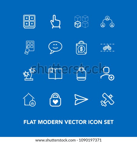 Modern, simple vector icon set on blue background with estate, money, palm, user, style, internet, replacement, safe, tropical, object, hand, technology, structure, click, relocation, nature icons