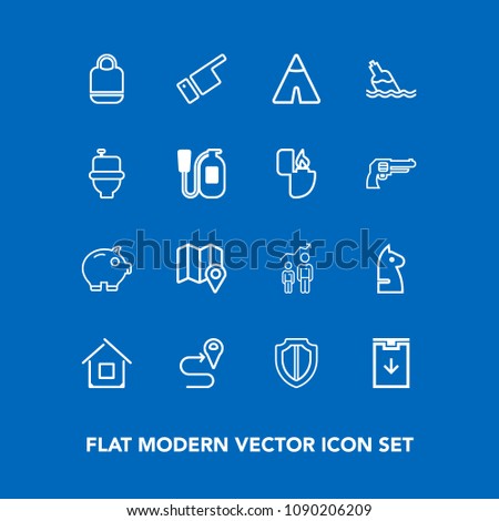 Modern, simple vector icon set on blue background with chess, adventure, economy, location, finance, camp, chessboard, protection, outdoor, object, style, horse, growth, people, architecture icons