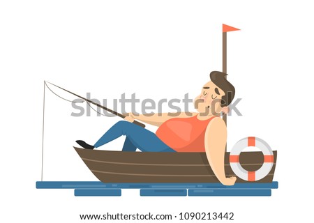 Fisherman. Isolated man fishing and sleeping on boat.