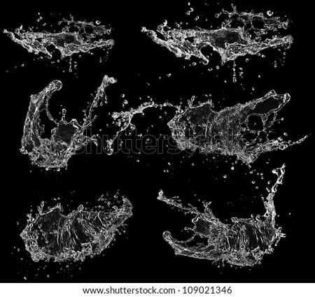 High resolution water splashes collection, isolated on black background Royalty-Free Stock Photo #109021346
