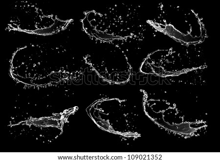 High resolution water splashes collection, isolated on black background Royalty-Free Stock Photo #109021352