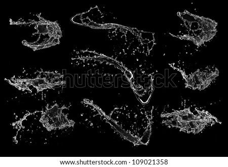 High resolution water splashes collection, isolated on black background