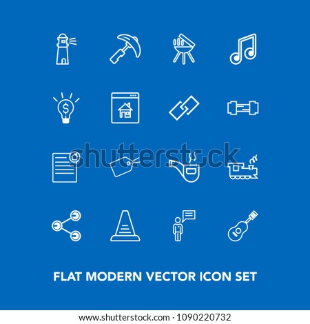 Modern, simple vector icon set on blue background with picking, chat, crane, concert, vintage, concept, sea, barbecue, web, person, travel, equipment, communication, tobacco, social, light, tag icons