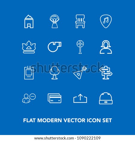 Modern, simple vector icon set on blue background with doorknob, tree, banking, door, label, dont, badge, sky, white, account, plastic, hanger, forest, money, hat, delete, nature, travel, head icons