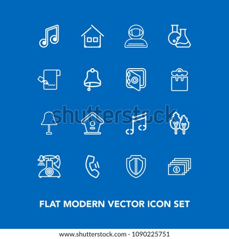 Modern, simple vector icon set on blue background with laboratory, currency, bird, call, architecture, cosmonaut, vintage, musical, mobile, telephone, science, space, music, shield, phone, tree icons