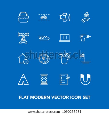 Modern, simple vector icon set on blue background with adventure, bicycle, tent, timer, home, transportation, bike, cycle, human, travel, clock, beach, glass, hour, real, magnetic, summer, grass icons