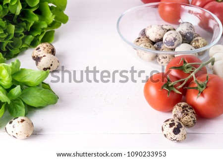 Healthy Diet Food on White Background Vegetables Tomatoes Peppers Green leaves Mushrooms Eggs Frame Copy Space Ingredients for Salad