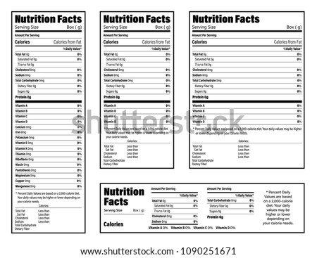 Nutrition Facts information label for box. Daily value ingredient calories, cholesterol and fats in grams and percent. Flat design, vector illustration on background Royalty-Free Stock Photo #1090251671