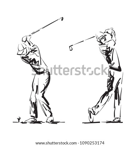 Golfer Playing on Golf Course. Hand drawn Golf illustration