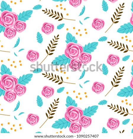 Vintage pattern with red, pink roses, rose buds and leaves on white.
