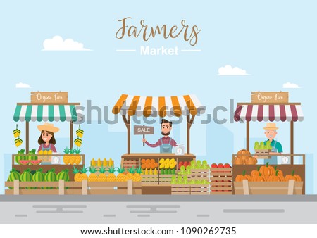 Farm shop. Local market. Selling fruit and vegetables. business owner working in his own store. flat vector illustration. Fresh food Royalty-Free Stock Photo #1090262735