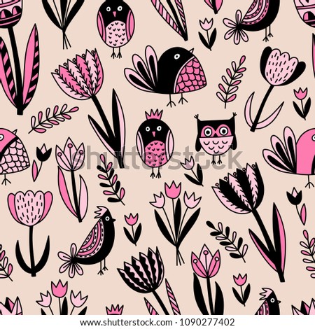 Vector seamless cute pattern with tulips and birds