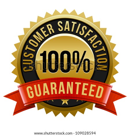Customer satisfaction guaranteed gold badge and banner in gold and red. Royalty-Free Stock Photo #109028594