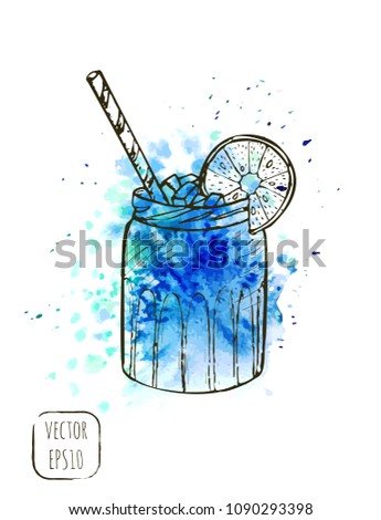 Hand drawn sketch street beverage print with light watercolor texture on background. Fast food illustration for t-shirt, cafe menu or wallpaper. Takeaway beverages.