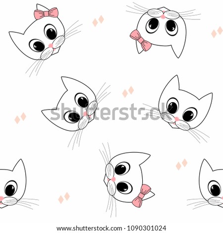 animal cat face white with pink bow background vector seamless pattern