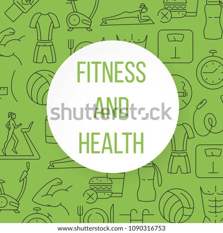 Fitness and health pattern with line icons of healthy lifestyle diet food training and sport equipment vector illustration. Flat style design. Isolated on light blue background