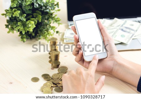 hand using phone white screen on top view concept financial