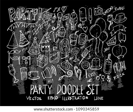 Hand drawn Sketch doodle vector line Party element icon set on Chalkboard