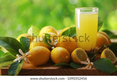 lemons, flowers and juice cup on table