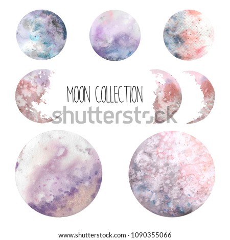 Watercolor cosmic set. Hand drawn moon collection. Various space elements isolated on white background.