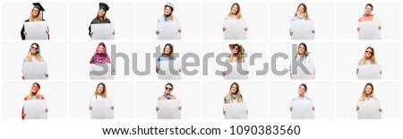 Cool woman, different professions holding blank advertising banner, good poster for ad, offer or announcement, big paper billboard