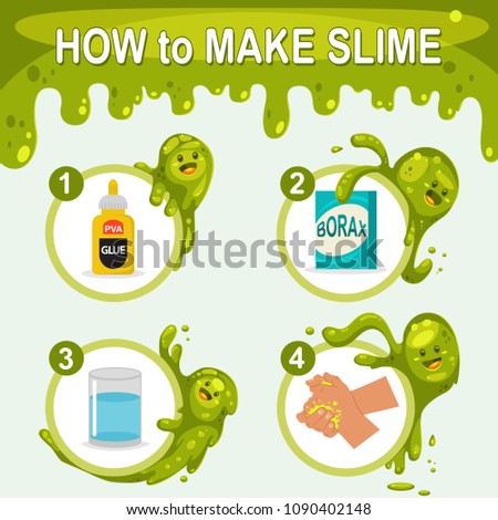 How to make slime. Vector cartoon infographic for kid with funny green blobs of characters isolated on background.