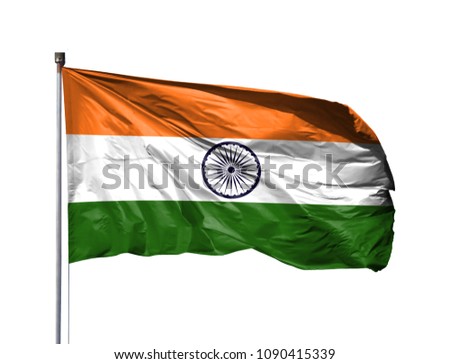 National flag of India on a flagpole, isolated on white background